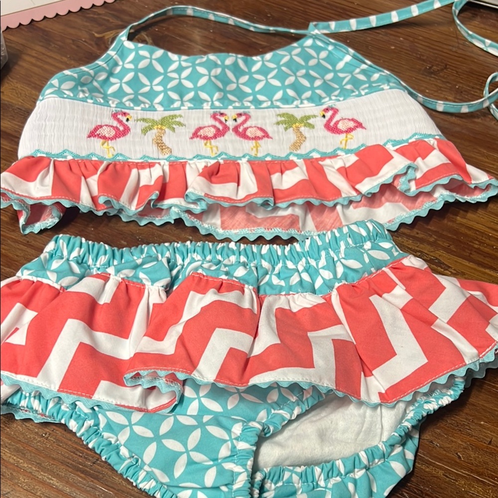 Flamingo Smocked Ruffle Swimsuit for Kids - Teal and Coral